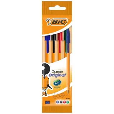 Ручка шариковая, синяя, черная, красная, зелёная, тонкое письмо, оранжевый корпус, набор 4 штуки, Orange Fine