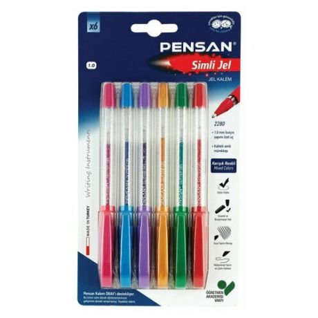 Ручки гелевые PENSAN "Glitter Gel", комплект 20 шт набор 6 цветов, чернила с блестками, узел 1 мм, линия письма 0,5 мм, 2280/B6