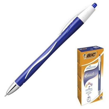 BIC Ручка шариковая, автоматическая, синяя, тонкое письмо, резиновый упор, BIC Atlantis Exact