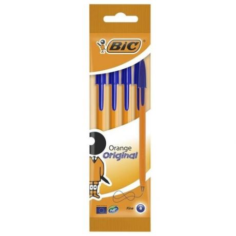 Ручка шариковая, синяя, тонкое письмо, оранжевый корпус, набор 4 штуки, BIC Orange Fine