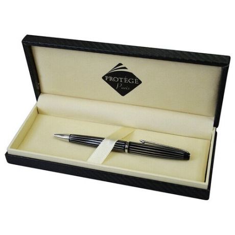 Ручка шариковая PROTEGE, цвет корпуса черный с серебристыми продольными полосками в подарочной коробке