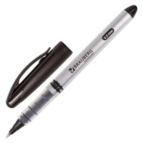 Ручка-роллер BRAUBERG "Control", черная, корпус серебристый, узел 0.5 мм, линия письма 0.3 мм, 141553