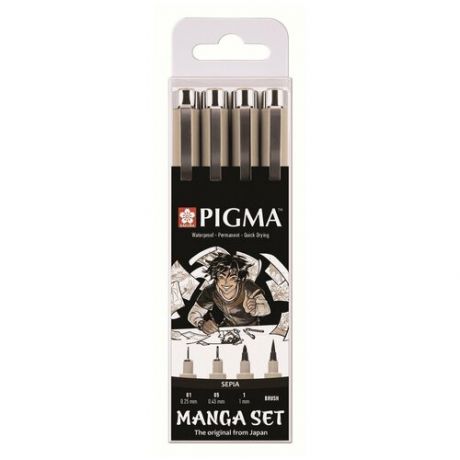 Набор капиллярных ручек Pigma Micron Manga сепия 4шт (0.25мм, 0.45мм, 1мм, кисть)