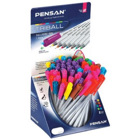 Ручка шариковая масляная PENSAN "Triball Colored", яркие цвета ассорти, дисплей, 1003/S60R-8