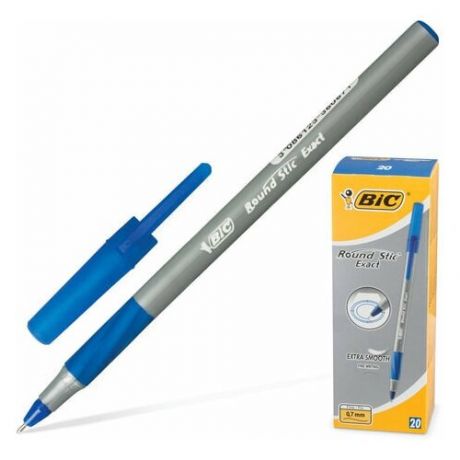Ручка шариковая с грипом BIC "Round Stic Exact", синяя, корпус серый, узел 0,8 мм, линия письма 0,3 мм, 918543