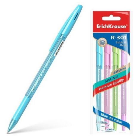 Набор ручек шариковых 4 штуки R-301 Spring Stick & Grip, узел 0.7 мм, чернила синие, резиновый упор, длина линии письма 1000 метров, европодвес