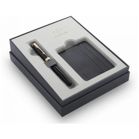 Подарочный набор Parker Sonnet с перьевой ручкой и футляром для карточек Black GT, перо M, чернила 2121991
