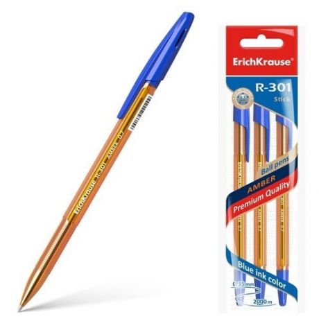 Набор ручек шариковых 3 штуки R-301 Amber Stick, узел 0.7 мм, чернила синие, длина линии письма 2000 метров, европодвес