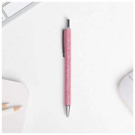 Ручка шариковая, розовая с блёстками, автоматическая