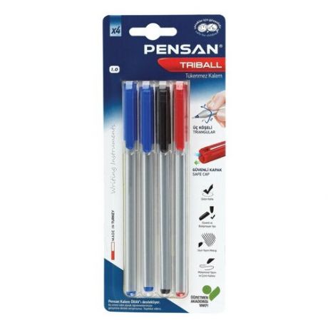 Ручки шариковые масляные PENSAN "Triball Colored", набор 4 шт., ассорти, 1 мм, линия письма 0,5 мм, 1003/B4