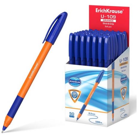 Ручка шариковая ErichKrause U-109 Orange Stick&Grip 1.0, Ultra Glide Technology, цвет чернил синий (в коробке по 50 шт.)