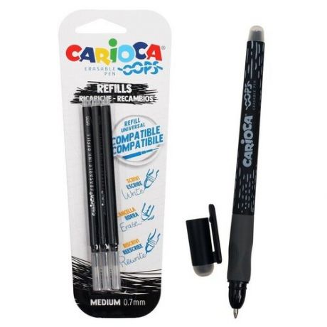 Ручка капиллярная стираемая CARIOCA Oops Retractable, 0.7 мм, черная + 3 сменных стержня