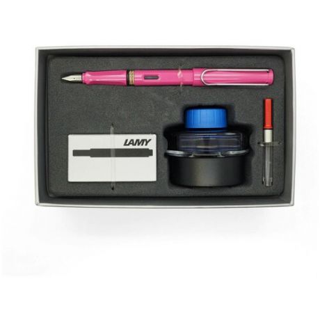 Набор ручка перьевая LAMY Safari, F корпус розовый+ картридж черный+ чернила син.+ конвертер