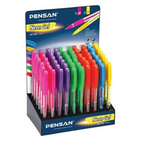 Ручка гелевая PENSAN "Neon Gel", комплект 60 шт., неон ассорти, узел 1 мм, линия письма 0.5 мм, дисплей, 2290/S