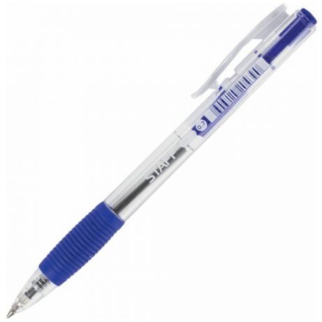 Ручка шариковая автоматическая с грипом STAFF "Basic" BPR-820, синяя, корпус прозрачный, 0,7 мм, линия письма 0,35 мм, 142820