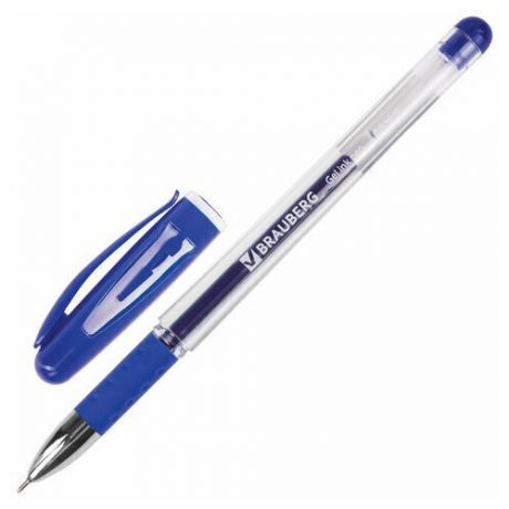 Ручка гелевая BRAUBERG “Geller“, игольчатый узел 0,5 мм, линия 0,35 мм, резиновый упор, синяя, 141179