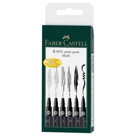 Набор капиллярных ручек Faber-Castell «Pitt Artist Pen» черные, 6шт., 0.1/0.3/0.5/0.7/2.5мм/Brush, европодвес