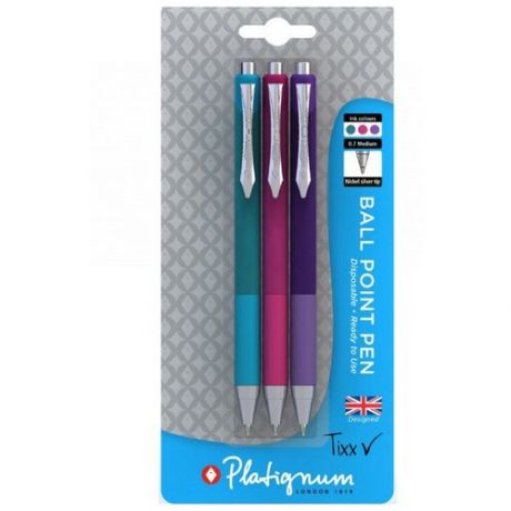 Ручки шариковые "Platignum", с чернилами бирюзового, розового, фиолетового цветов, 3 штуки, арт. 50502