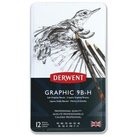 Набор чернографитовых карандашей Graphic Soft 12 шт. 9B-H в металлической упаковке Derwent 34215
