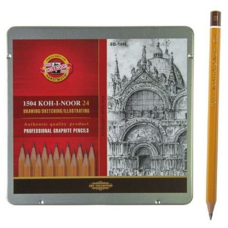 Koh-I-Noor Набор карандашей чернографитных разной твердости 24 штуки Koh-i-Noor 1504 ART, 8В-10Н, в металлическом пенале