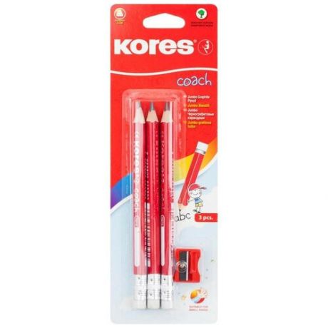 Набор чернографитных карандашей Kores Jumbo HB заточенные с ластиком (3 штуки в упаковке + точилка), 246167