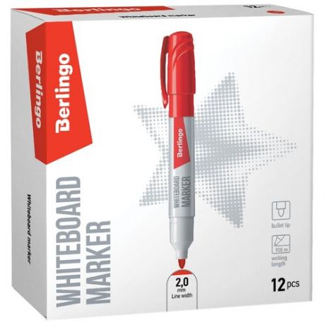 Berlingo Набор маркеров для белых досок Uniline WB200, красный, 2 мм, 12 шт.