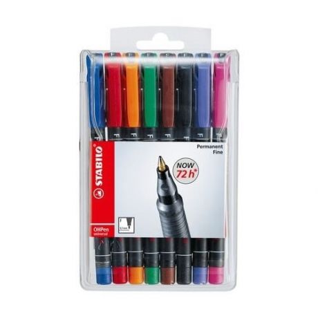 Набор маркерных ручек STABILO OHPen UNIVERSAL 1,0мм, 8 шт/уп, цвет чернил: оранжевый, синий, черный, красный, зеленый, коричневый, фиолетовый, сиреневый, растворимые чернила
