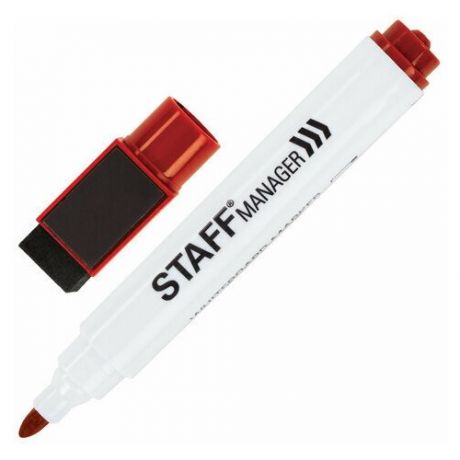 Маркер стираемый для белой доски на магните со стирателем, красный, STAFF "Manager" WBM-002, 3 мм, 152003