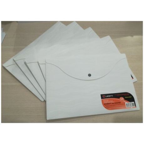 Папка-конверт на кнопке A4 200мкм Lamark волна белый /плотный пластик непрозрачный/набор 5шт