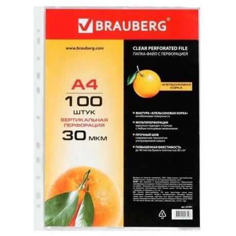 Brauberg Файл-вкладыш А4 30 мкм, BRAUBERG «Апельсиновая корка», 100 штук в упаковке