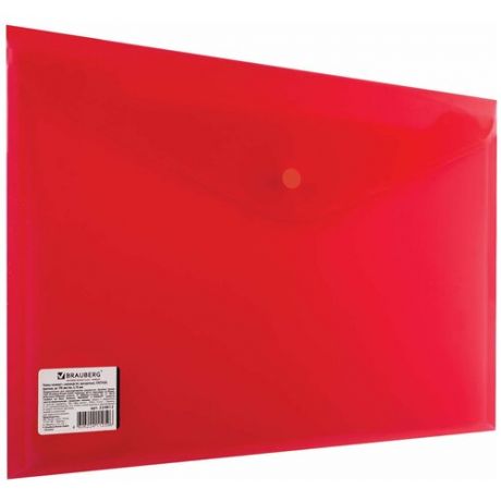 Папка-конверт с кнопкой BRAUBERG, А4, до 100 листов, прозрачная, красная, сверхпрочная 0,18 мм, 224812