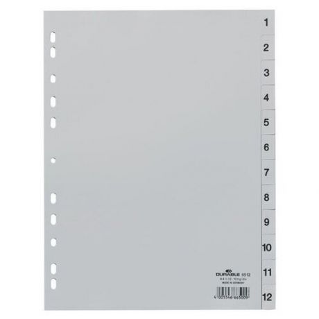 DURABLE Разделитель пластиковый А4, цифровой 1-12, серый