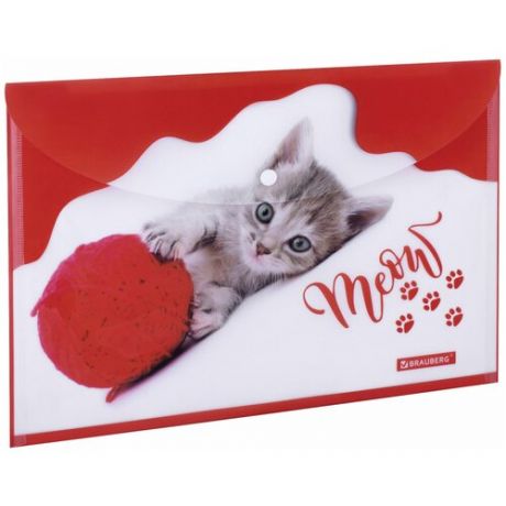 BRAUBERG Папка-конверт с кнопкой Funny cat А4, пластик, красный