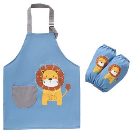 Фартук детский с нарукавниками для рисования и творчества, художественный фартук для труда с карманом, размер S, голубой со львом