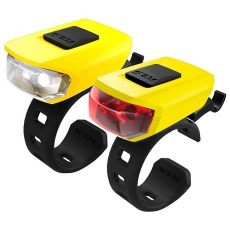 Комплект освещения KLS VEGA жёлтый: 10лм/3лм, 2x LED, режимы: 100% (180ч), 50% (360ч), мигающий (360ч), батарейки 2хCR2032 в компл., универсальное крепление на руль и подс. штырь, влагозащита IPX 4