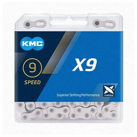 Цепь велосипедная KMC X9 Silver, на 9 звезд /27 скоростей, 114 звеньев, 1/2 x 11/128 , серая