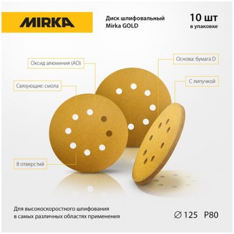 Диск шлифовальный с липучкой на бумажной основе Mirka Gold 125мм 8 отв P180, 10шт.