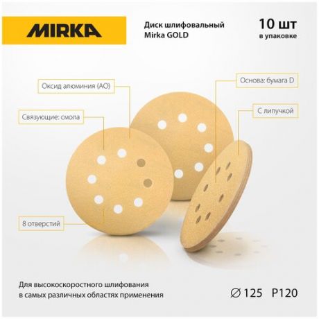 Диск шлифовальный с липучкой на бумажной основе Mirka Gold 125мм 8 отв P120, 10шт.