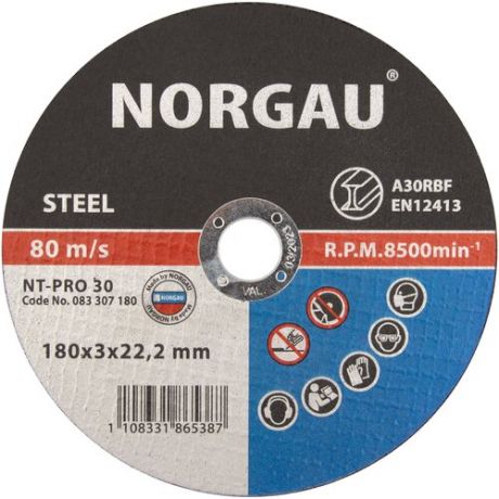 Отрезной прямой диск по стали NORGAU Industrial болгарки/УШМ, диаметр 180 мм, толщина 3 мм, посад. диаметр 22,2 мм