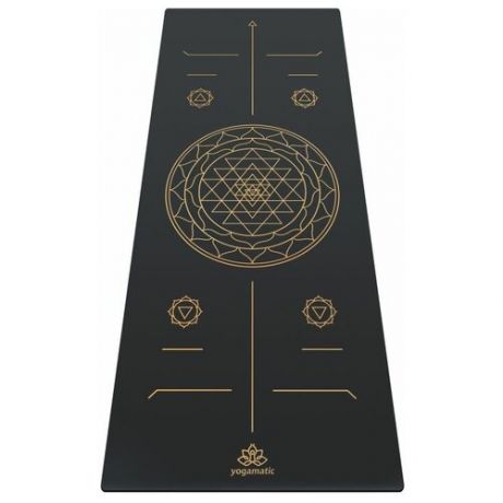 Каучуковый нескользящий коврик для йоги и фитнеса - Sri Yantra Grey Gold / Арт Йогаматик 185x68x0.4 см тёмно-серый с золотым рисунком