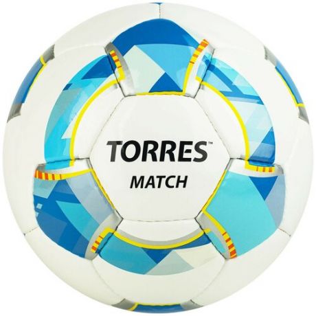Мяч футбольный Match, размер 5, 32 панели, PU, 4 подкладочных слоя, ручная сшивка, цвет белый/синий/жёлтый
