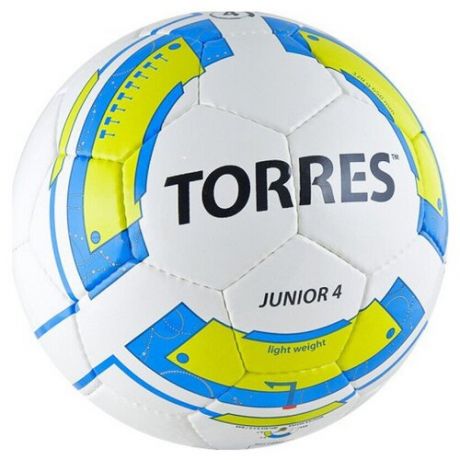 TORRES Мяч футбольный TORRES Junior-4, размер 4, вес 310-330 г, глянцевый ПУ, 3 слоя, 32 панели, ручная сшивка, цвет белый/синий/жёлтый