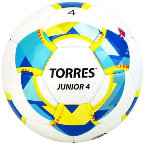 Мяч футбольный Junior-4, размер 4, вес 310-330 г, глянцевый ПУ, 3 слоя, 32 панели, ручная сшивка, цвет белый/синий/жёлтый
