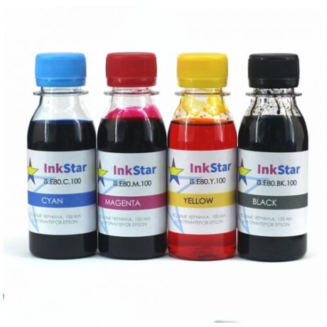 Чернила для заправки картриджей и СНПЧ Epson, InkStar (водные), универсальные, комплект 4 цвета по 100 мл, iS. E80.4-100