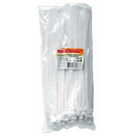 Хомут Rexant 07-0309 стяжка нейлоновая многоразовая 300x7,5 мм, белая, упаковка 100 шт.
