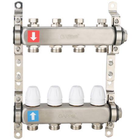 Коллектор регулируемый с запорными клапанами, из нерж. стали, 11-вых. x 1" x 3/4" Gappo (G428.11)
