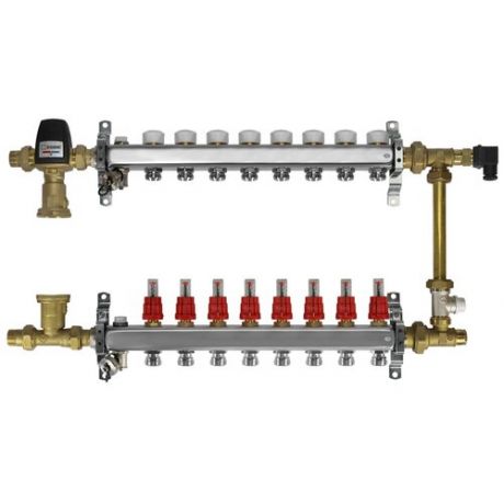Распределительный модуль теплого пола ColSys513A со смесительным узлом на базе термостатического смесительного клапана и байпасом, 8 выходов