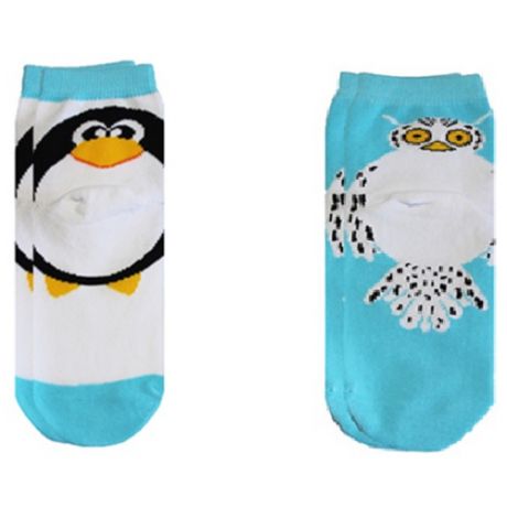 Носки детские демисезонные из хлопка с рисунком "Совушка" и "Пингвин" на пятке, комплект - 2 пары (размер 20-22, цвет - голубой, белый)