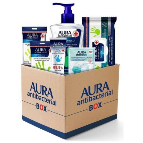 Комплект антибактериальных средств Aura Antibacterial Box (гель для рук, влажные салфетки х 3 упаковки, крем-мыло, маска одноразовая), 1205176