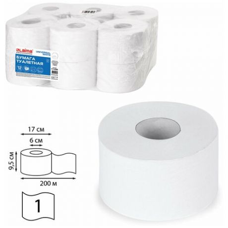 Бумага туалетная 200 м, комплект 3 шт., LAIMA (T2), UNIVERSAL WHITE, 1-слойная, цвет белый, комплект 12 рулонов, 111335